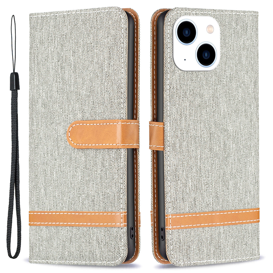 Uniqkart for iPhone 15 Jeans Cloth Splicing PU Leather + TPU Phone Case Wallet Stand Anti-scratch Cover - Grey