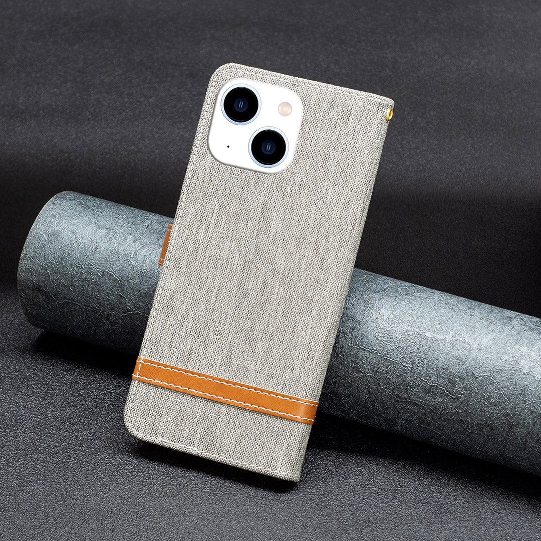 Uniqkart for iPhone 15 Jeans Cloth Splicing PU Leather + TPU Phone Case Wallet Stand Anti-scratch Cover - Grey