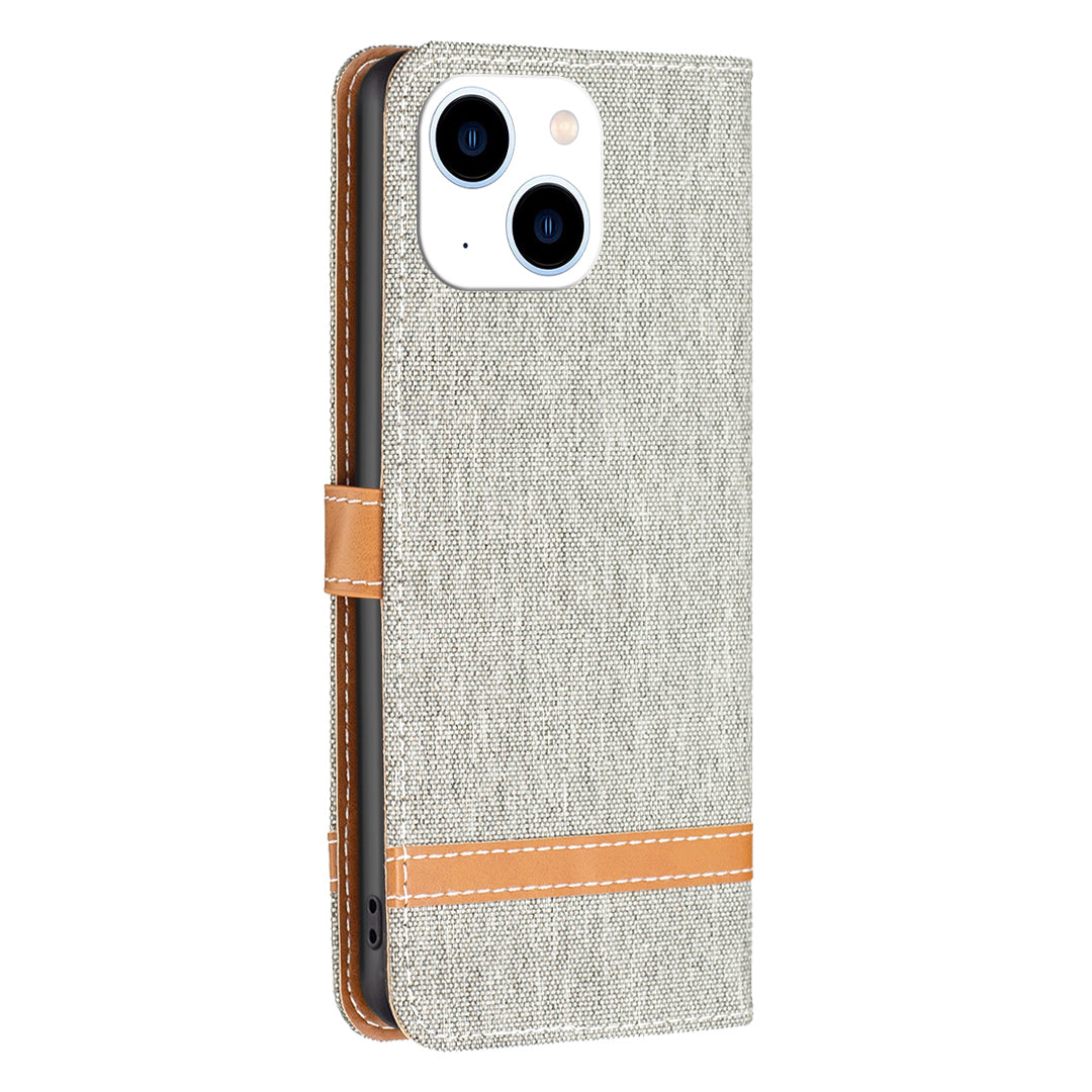Uniqkart for iPhone 15 Jeans Cloth Splicing PU Leather + TPU Phone Case Wallet Stand Anti-scratch Cover - Grey