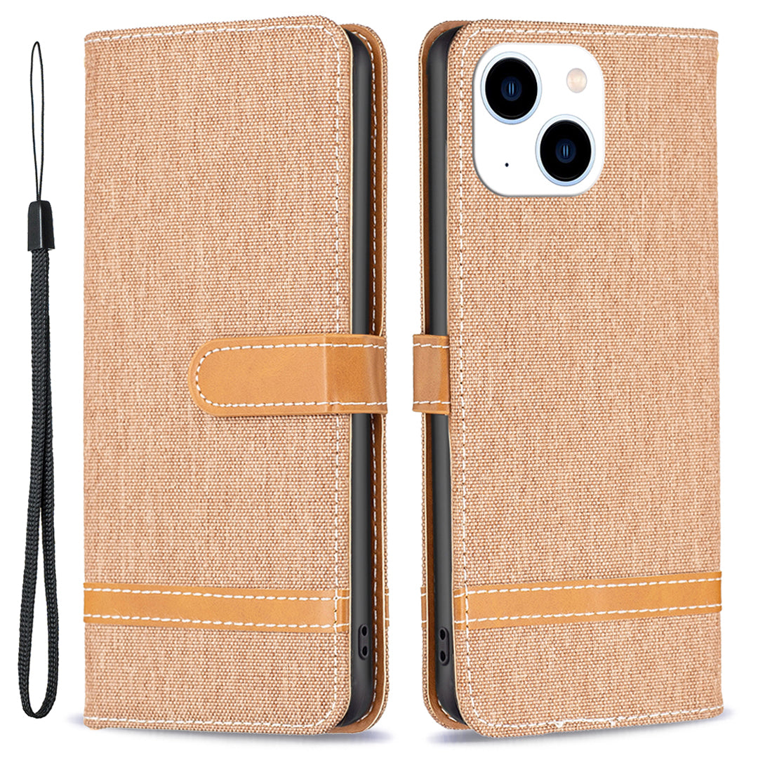 Uniqkart for iPhone 15 Jeans Cloth Splicing PU Leather + TPU Phone Case Wallet Stand Anti-scratch Cover - Brown
