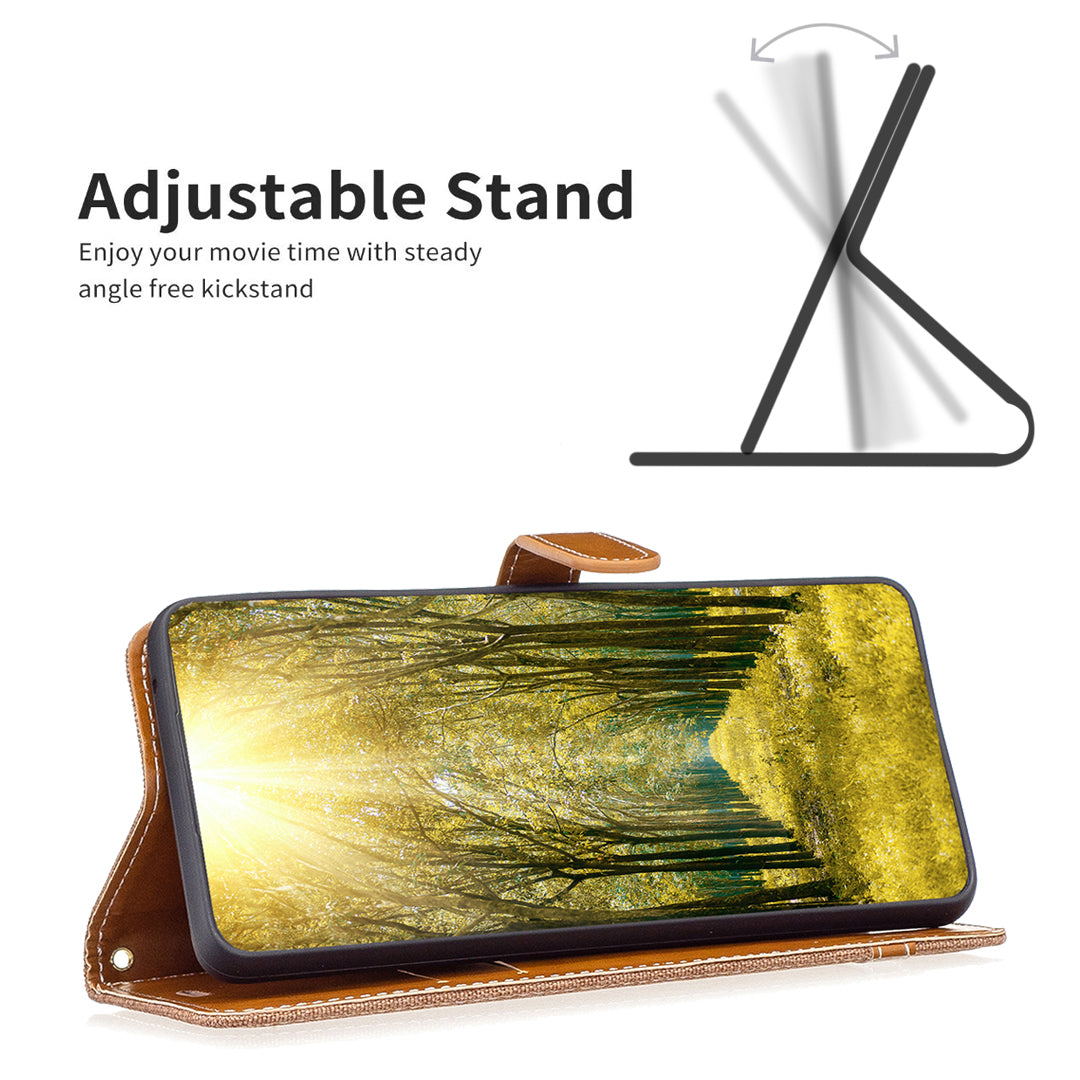 Uniqkart for iPhone 15 Jeans Cloth Splicing PU Leather + TPU Phone Case Wallet Stand Anti-scratch Cover - Brown