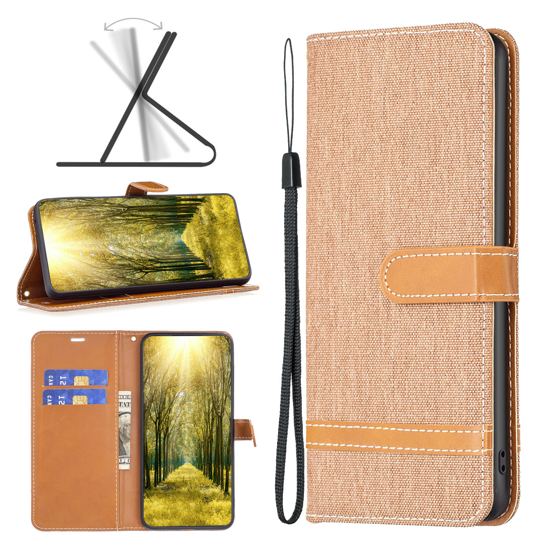 Uniqkart for iPhone 15 Jeans Cloth Splicing PU Leather + TPU Phone Case Wallet Stand Anti-scratch Cover - Brown