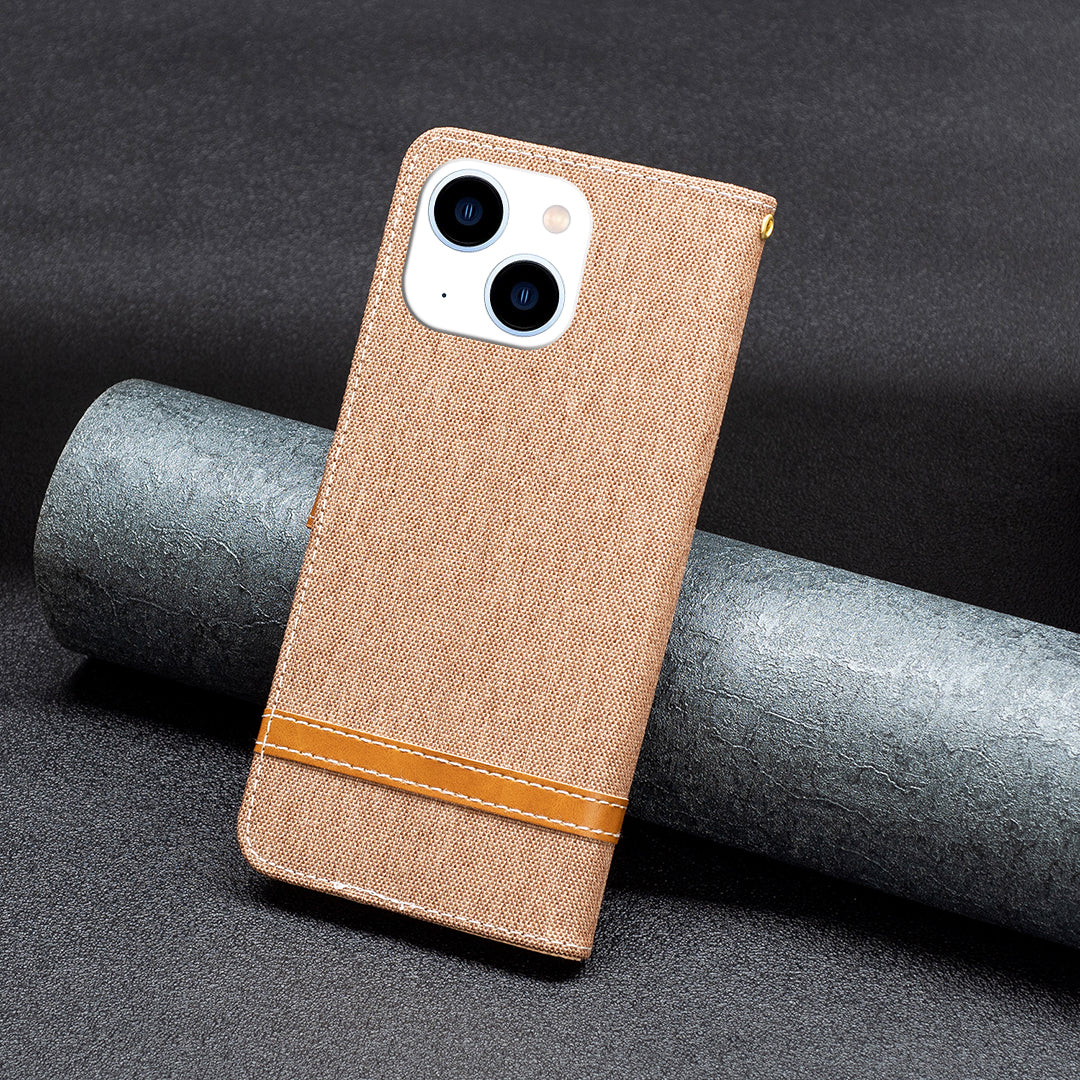 Uniqkart for iPhone 15 Jeans Cloth Splicing PU Leather + TPU Phone Case Wallet Stand Anti-scratch Cover - Brown