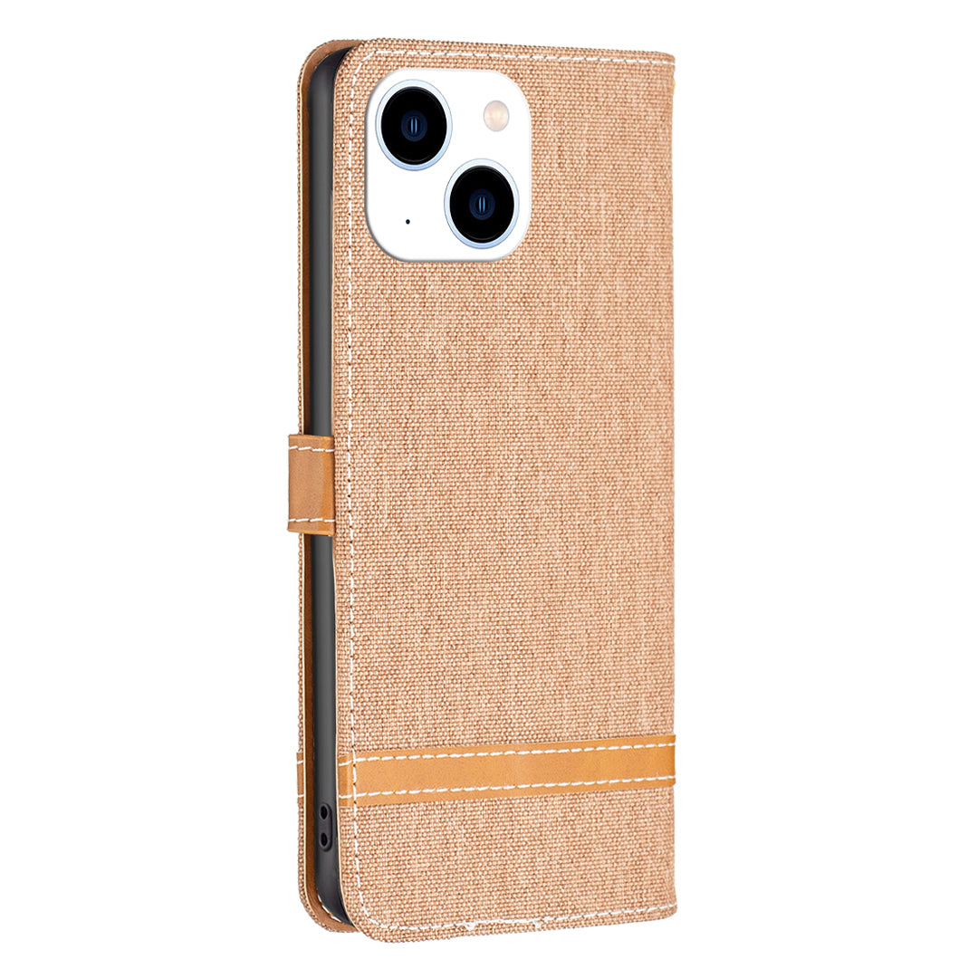 Uniqkart for iPhone 15 Jeans Cloth Splicing PU Leather + TPU Phone Case Wallet Stand Anti-scratch Cover - Brown