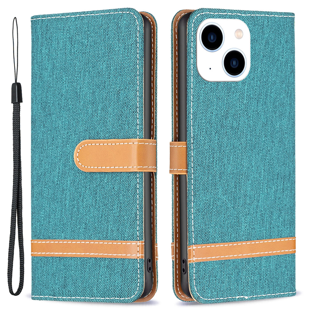 Uniqkart for iPhone 15 Jeans Cloth Splicing PU Leather + TPU Phone Case Wallet Stand Anti-scratch Cover - Green