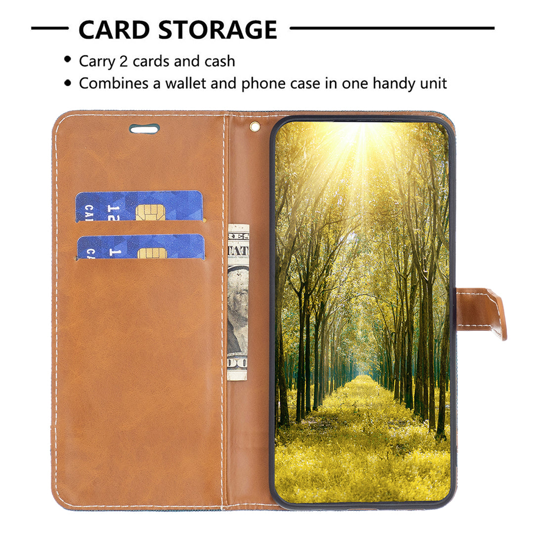 Uniqkart for iPhone 15 Jeans Cloth Splicing PU Leather + TPU Phone Case Wallet Stand Anti-scratch Cover - Green