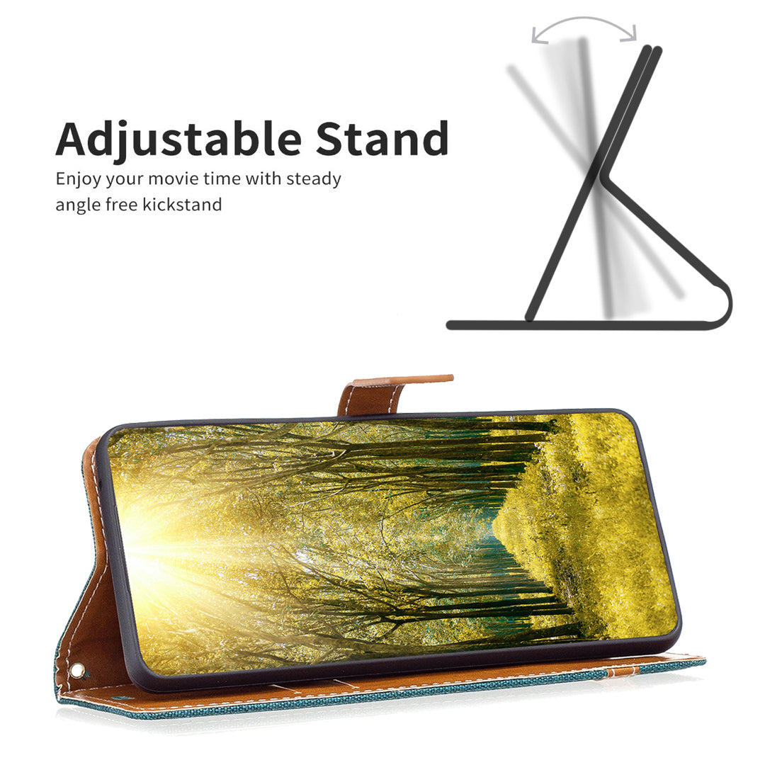 Uniqkart for iPhone 15 Jeans Cloth Splicing PU Leather + TPU Phone Case Wallet Stand Anti-scratch Cover - Green