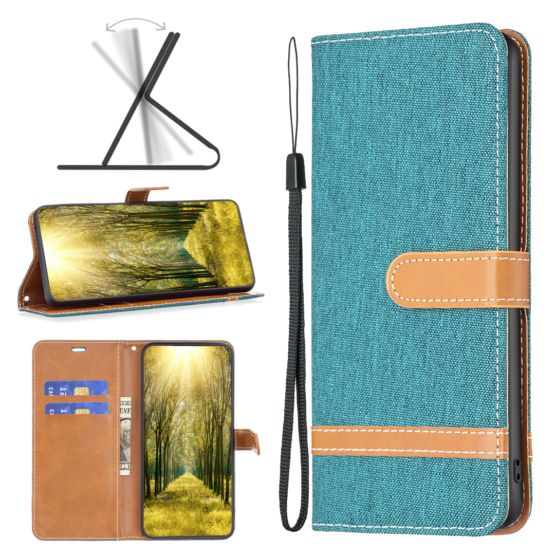 Uniqkart for iPhone 15 Jeans Cloth Splicing PU Leather + TPU Phone Case Wallet Stand Anti-scratch Cover - Green