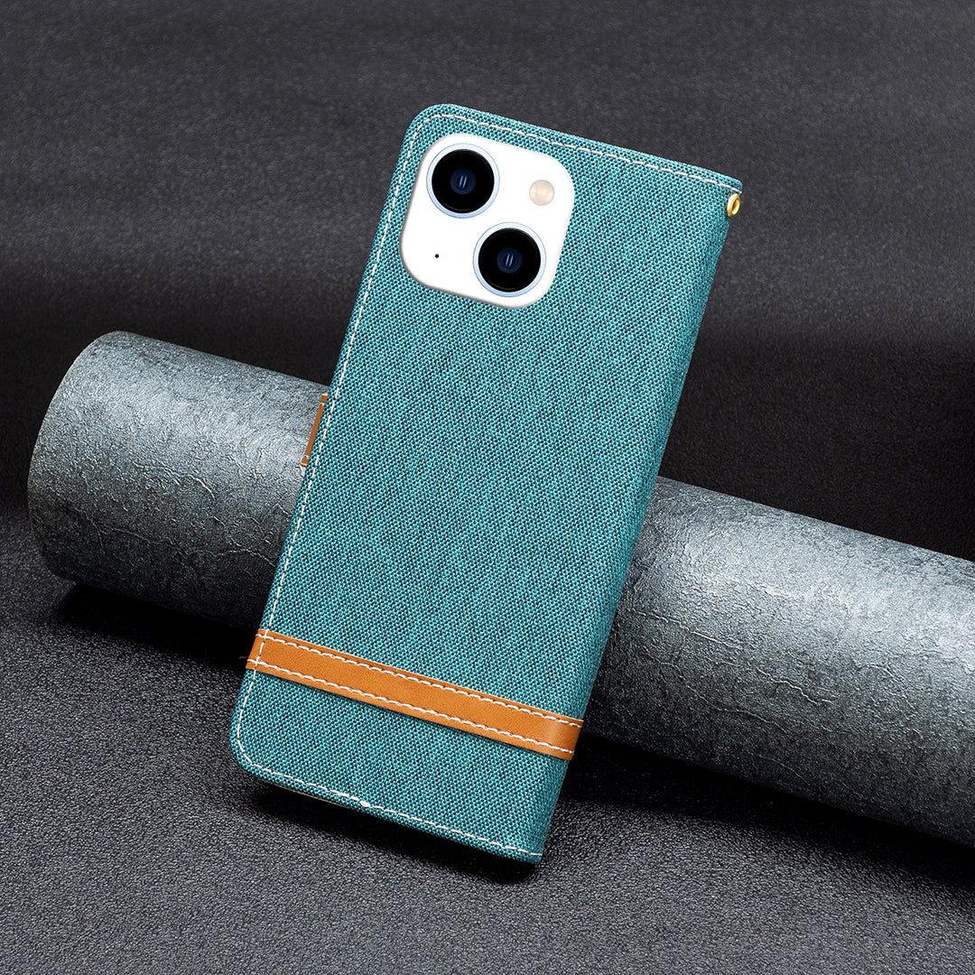 Uniqkart for iPhone 15 Jeans Cloth Splicing PU Leather + TPU Phone Case Wallet Stand Anti-scratch Cover - Green