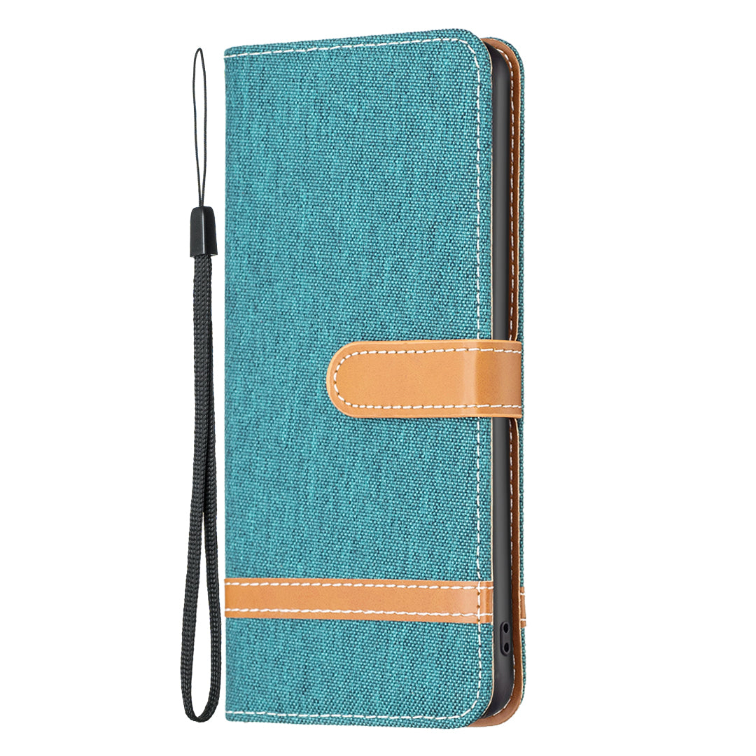 Uniqkart for iPhone 15 Jeans Cloth Splicing PU Leather + TPU Phone Case Wallet Stand Anti-scratch Cover - Green