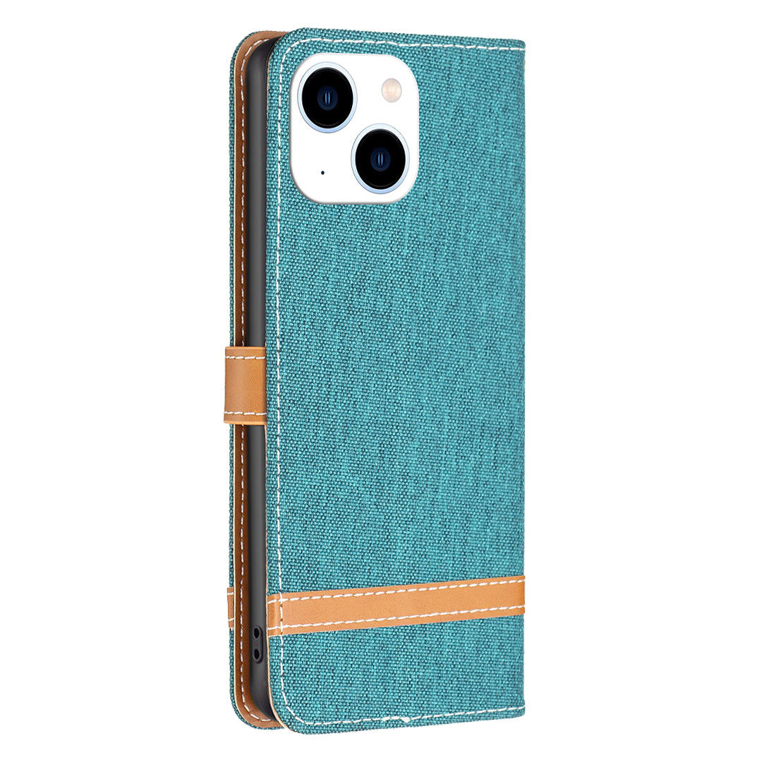 Uniqkart for iPhone 15 Jeans Cloth Splicing PU Leather + TPU Phone Case Wallet Stand Anti-scratch Cover - Green