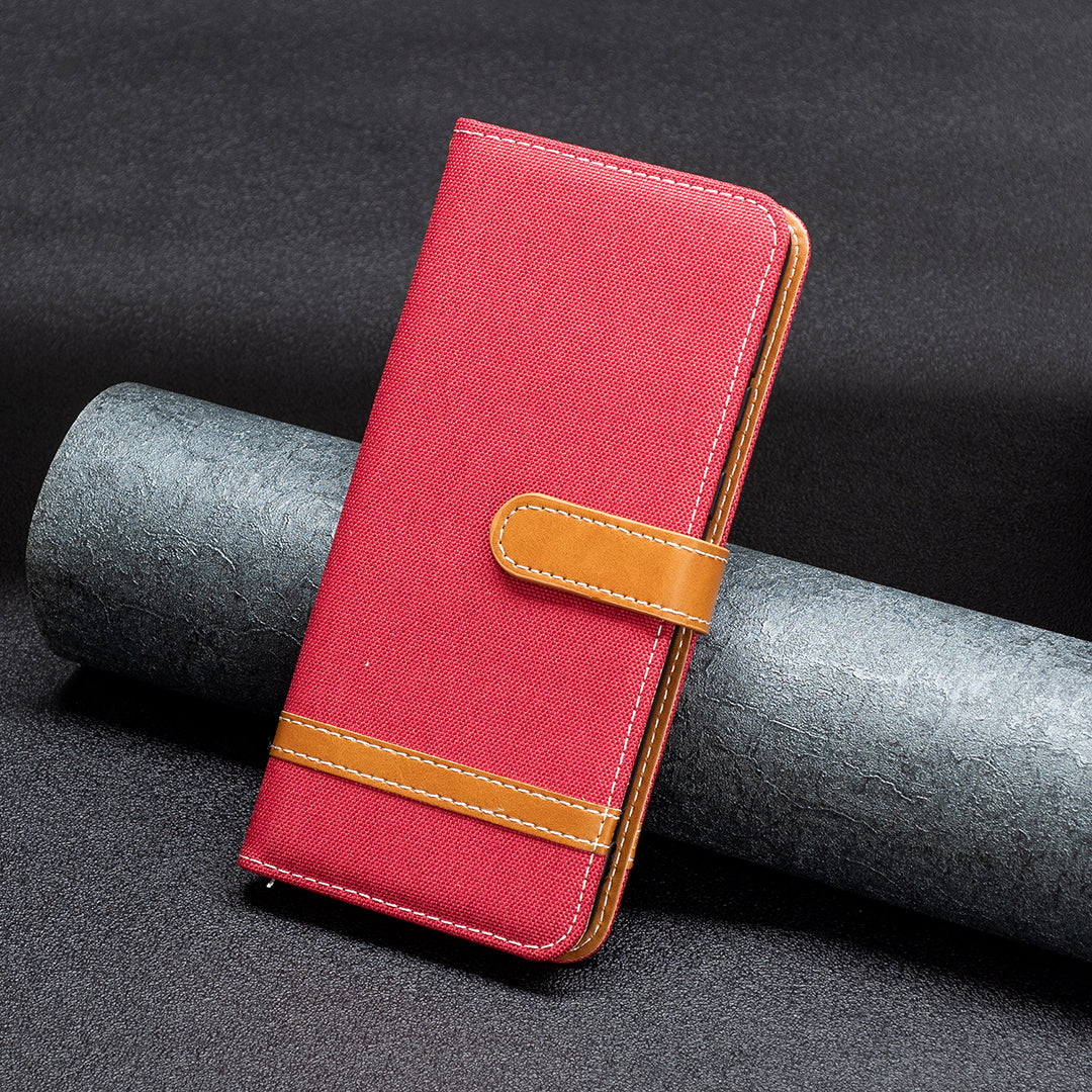 Uniqkart for iPhone 15 Jeans Cloth Splicing PU Leather + TPU Phone Case Wallet Stand Anti-scratch Cover - Red