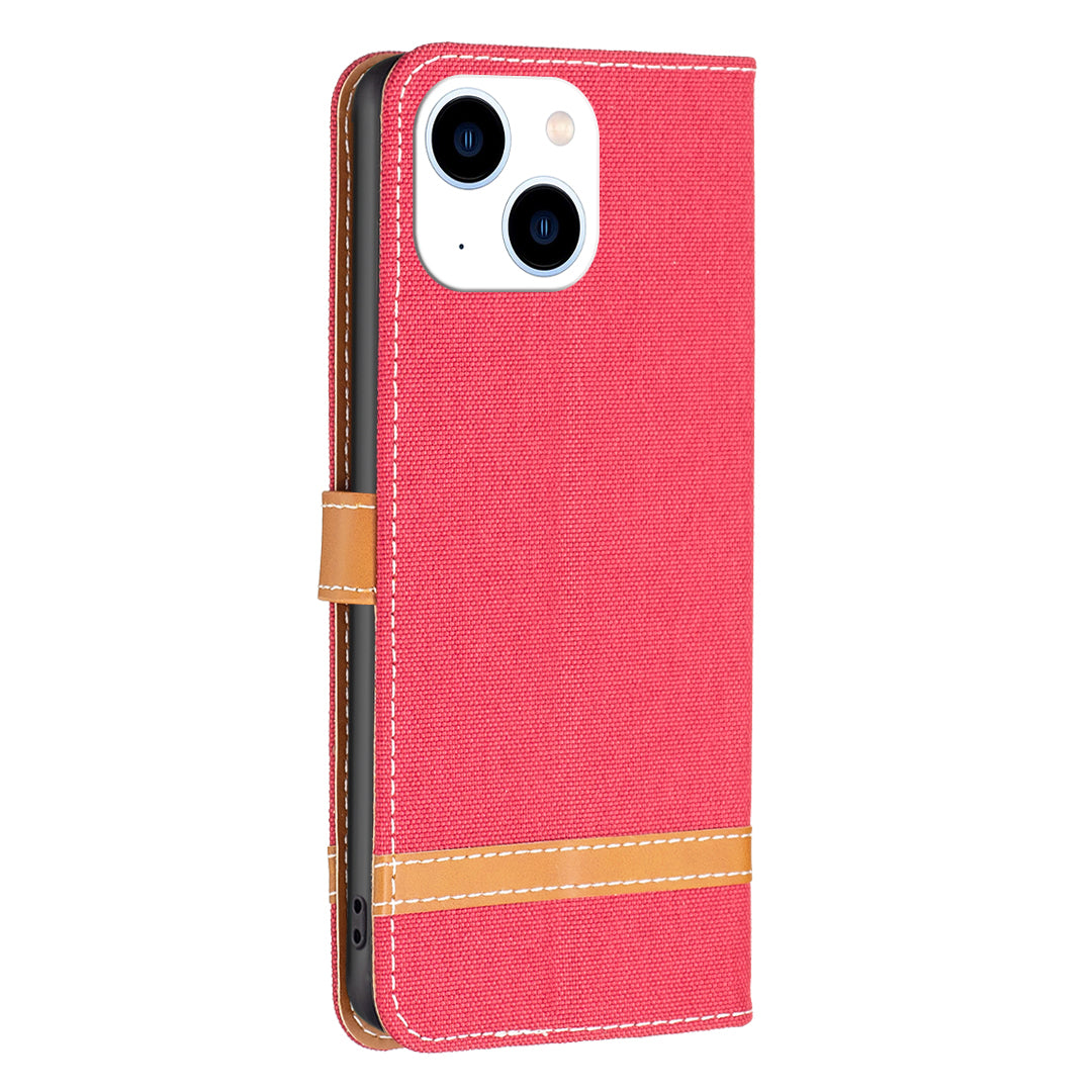 Uniqkart for iPhone 15 Jeans Cloth Splicing PU Leather + TPU Phone Case Wallet Stand Anti-scratch Cover - Red