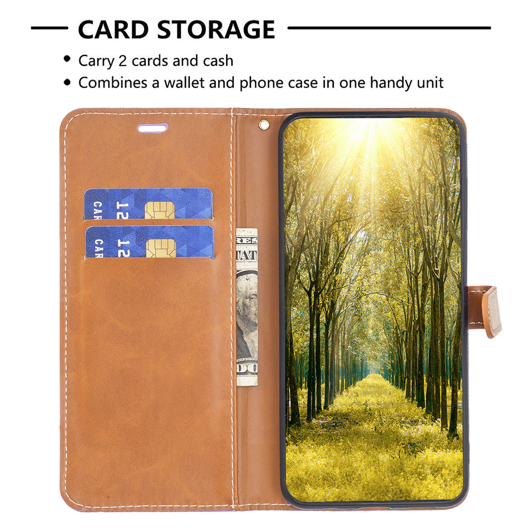 Uniqkart for iPhone 15 Jeans Cloth Splicing PU Leather + TPU Phone Case Wallet Stand Anti-scratch Cover - Purple