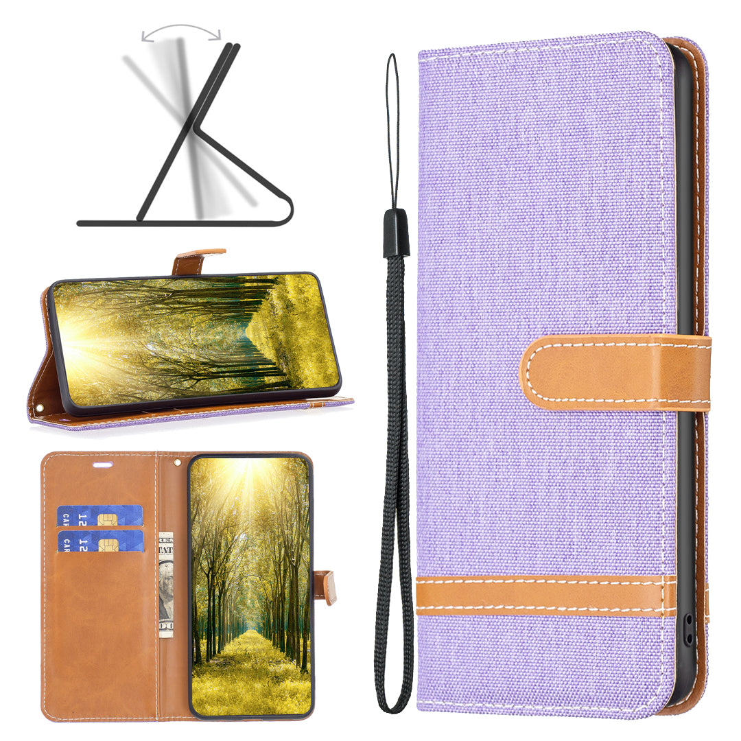 Uniqkart for iPhone 15 Jeans Cloth Splicing PU Leather + TPU Phone Case Wallet Stand Anti-scratch Cover - Purple