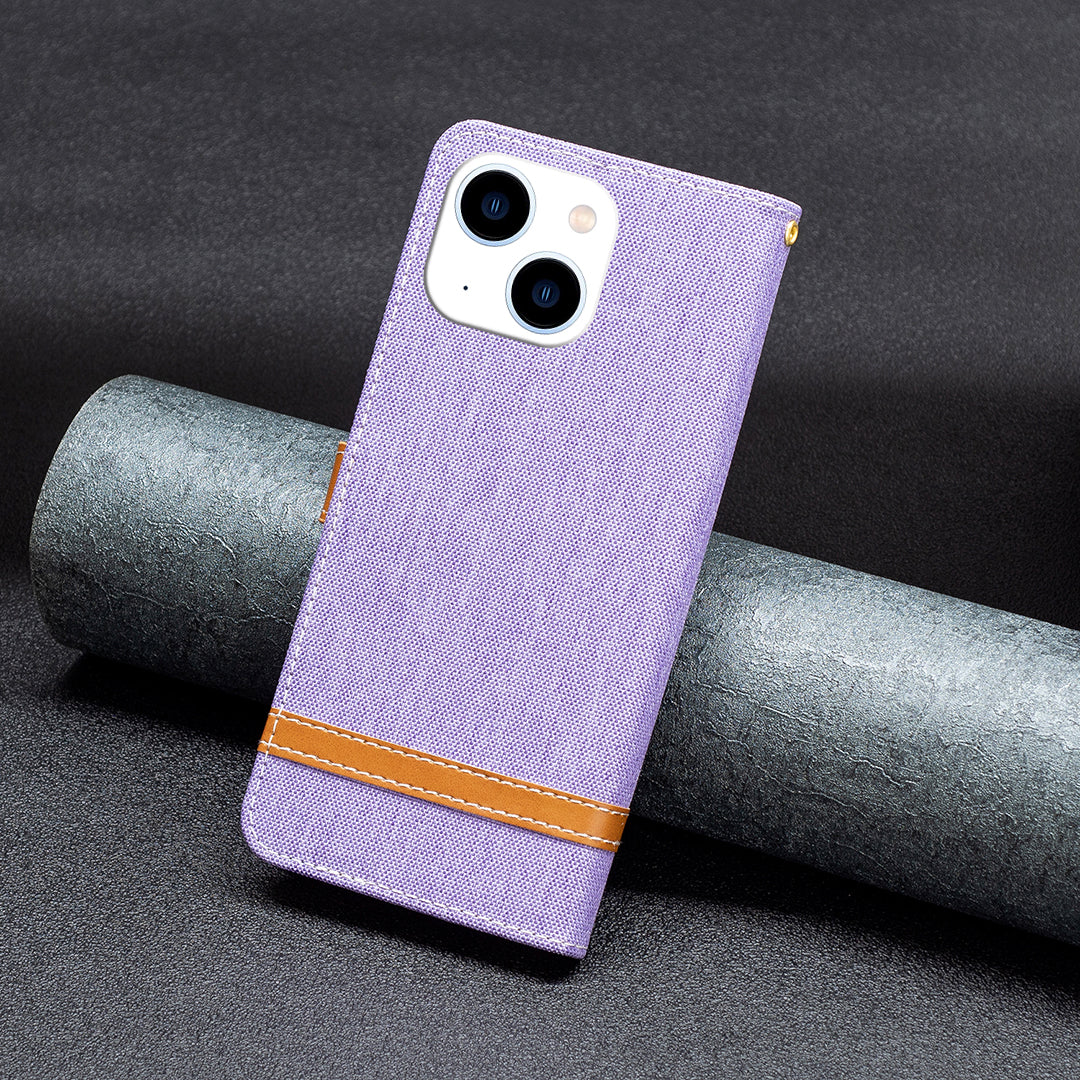Uniqkart for iPhone 15 Jeans Cloth Splicing PU Leather + TPU Phone Case Wallet Stand Anti-scratch Cover - Purple