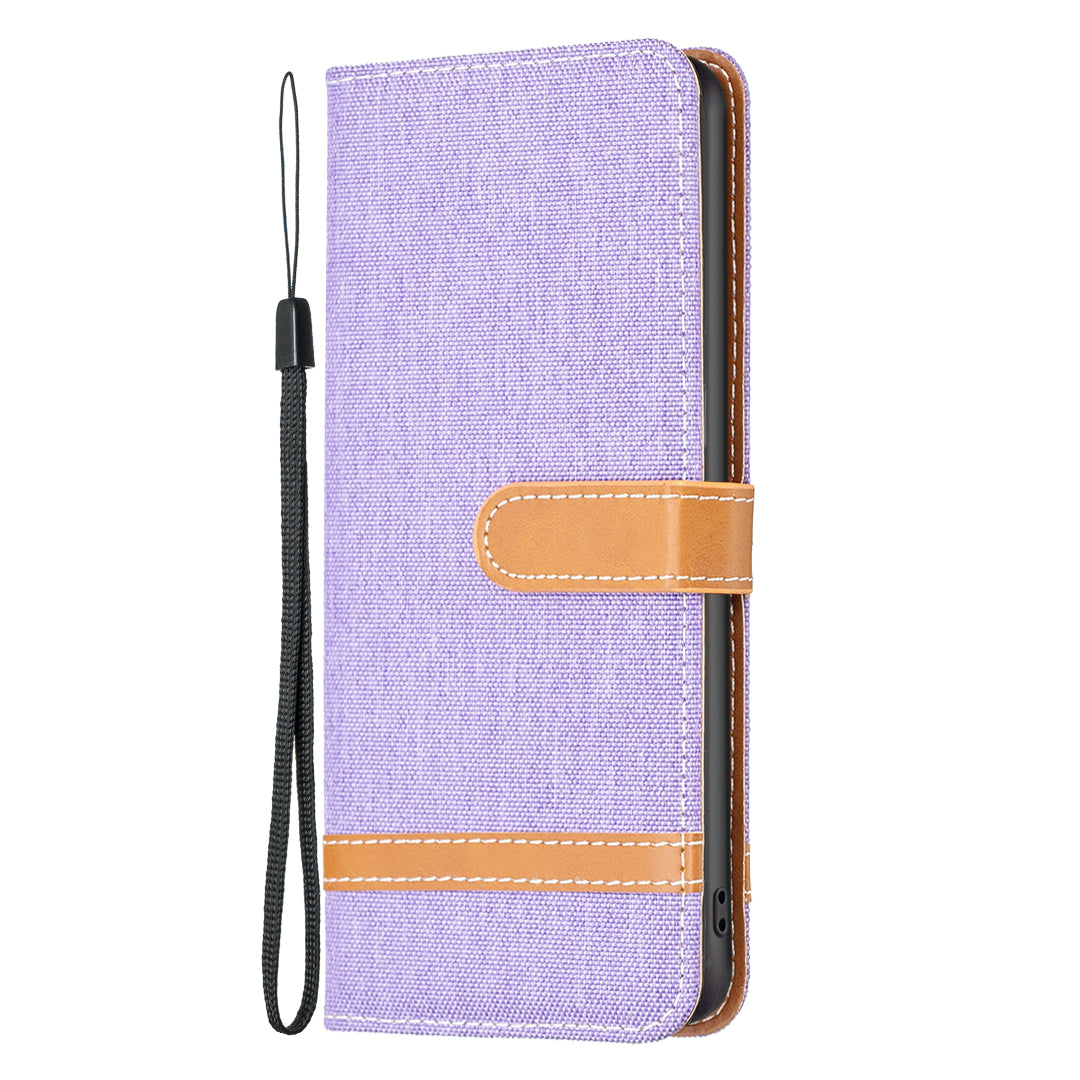 Uniqkart for iPhone 15 Jeans Cloth Splicing PU Leather + TPU Phone Case Wallet Stand Anti-scratch Cover - Purple