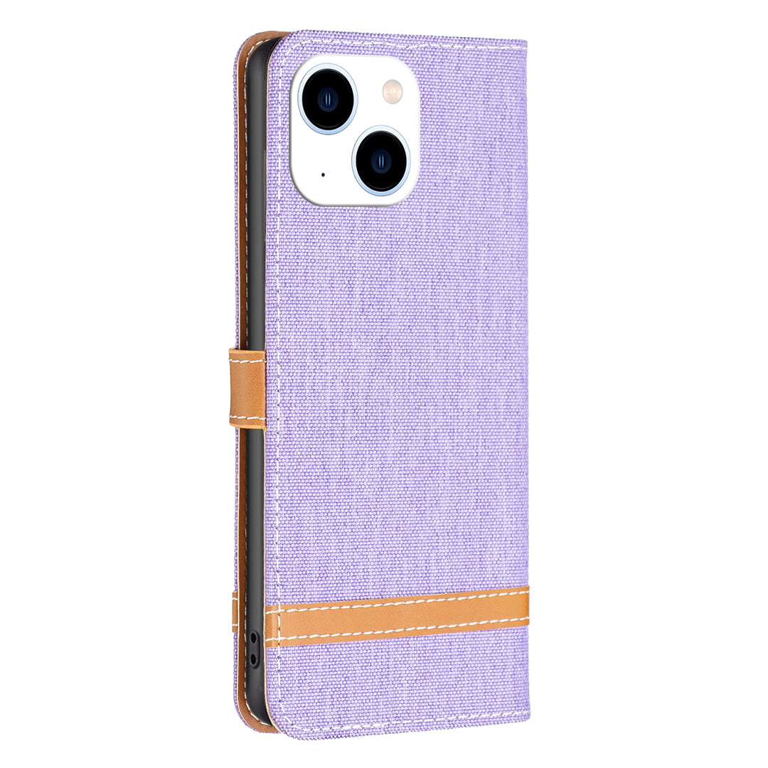 Uniqkart for iPhone 15 Jeans Cloth Splicing PU Leather + TPU Phone Case Wallet Stand Anti-scratch Cover - Purple
