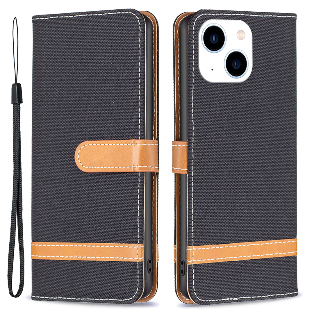 Uniqkart for iPhone 15 Jeans Cloth Splicing PU Leather + TPU Phone Case Wallet Stand Anti-scratch Cover - Black