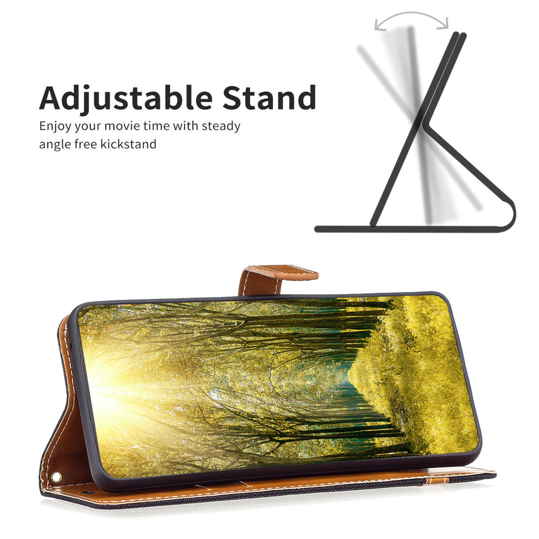 Uniqkart for iPhone 15 Jeans Cloth Splicing PU Leather + TPU Phone Case Wallet Stand Anti-scratch Cover - Black