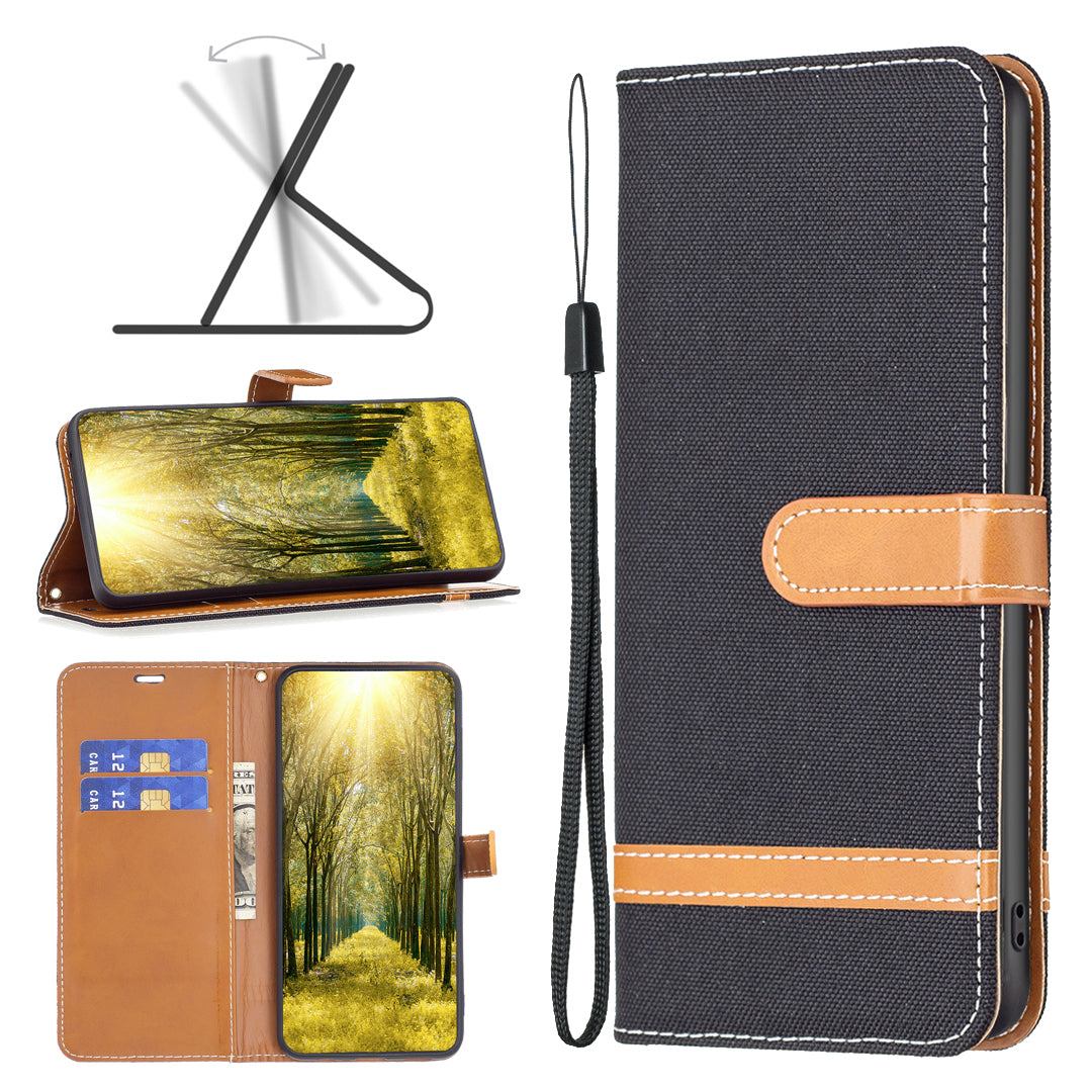 Uniqkart for iPhone 15 Jeans Cloth Splicing PU Leather + TPU Phone Case Wallet Stand Anti-scratch Cover - Black