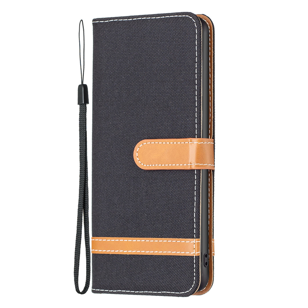 Uniqkart for iPhone 15 Jeans Cloth Splicing PU Leather + TPU Phone Case Wallet Stand Anti-scratch Cover - Black
