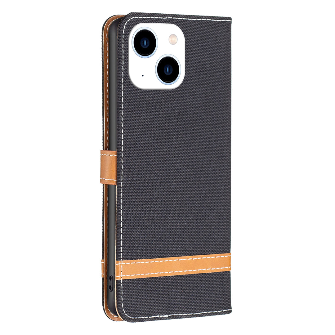 Uniqkart for iPhone 15 Jeans Cloth Splicing PU Leather + TPU Phone Case Wallet Stand Anti-scratch Cover - Black