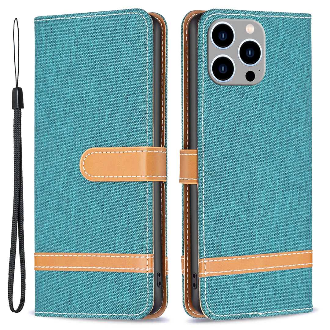 PU Leather + TPU Phone Case for iPhone 15 Pro Max Jeans Cloth Splicing Wallet Stand Anti-scratch Cover - Green
