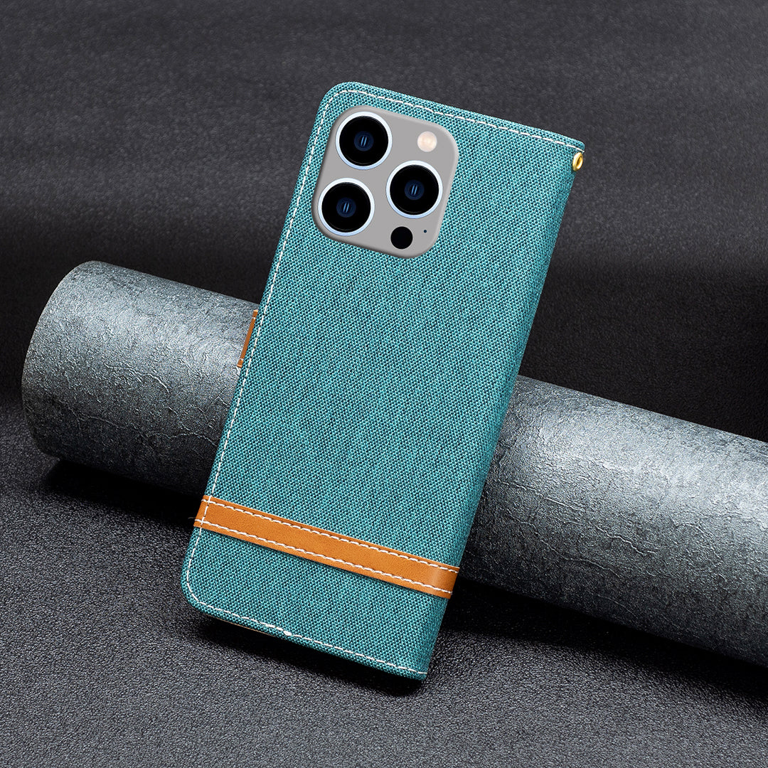 PU Leather + TPU Phone Case for iPhone 15 Pro Max Jeans Cloth Splicing Wallet Stand Anti-scratch Cover - Green