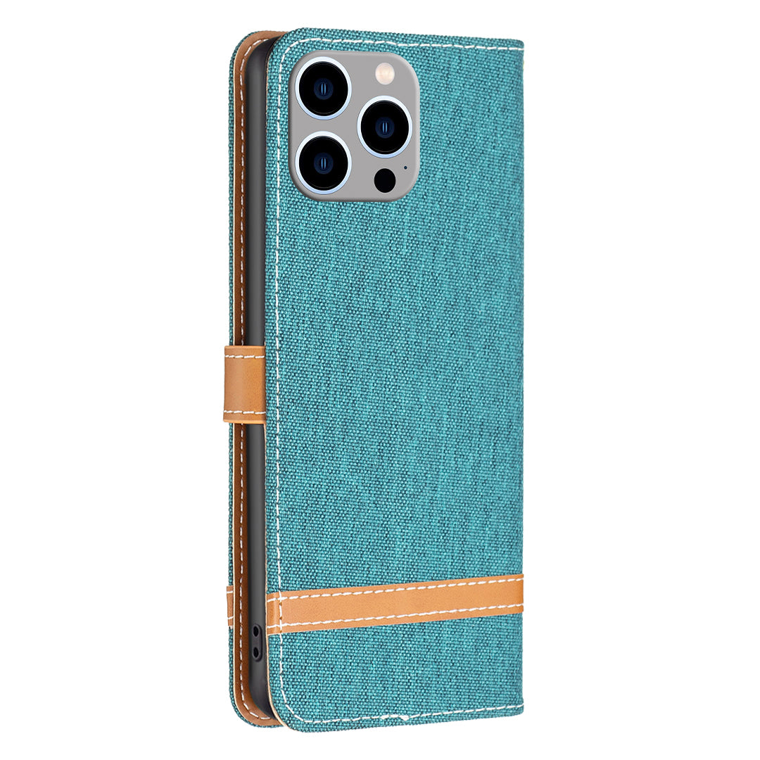 PU Leather + TPU Phone Case for iPhone 15 Pro Max Jeans Cloth Splicing Wallet Stand Anti-scratch Cover - Green