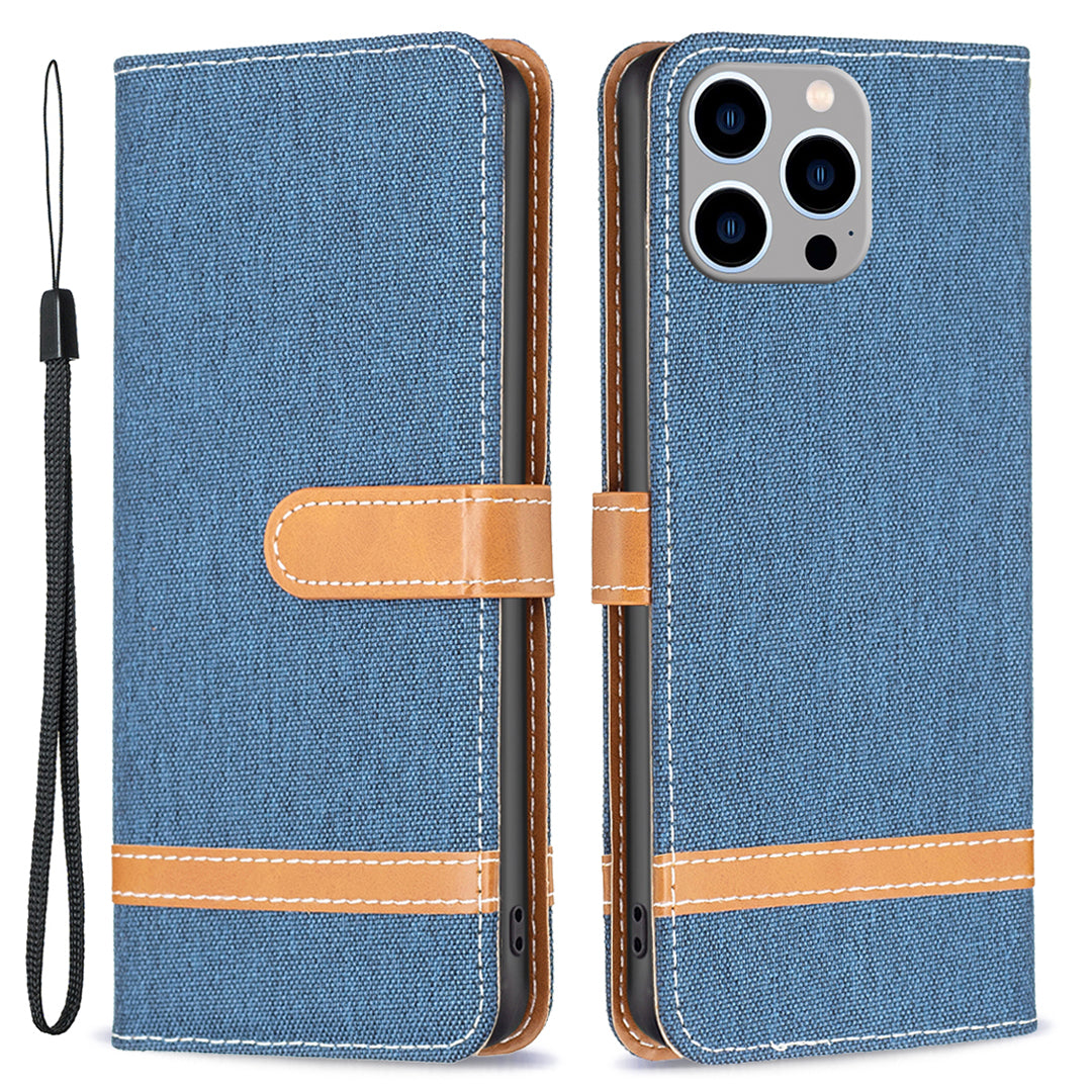 PU Leather + TPU Phone Case for iPhone 15 Pro Max Jeans Cloth Splicing Wallet Stand Anti-scratch Cover - Navy Blue