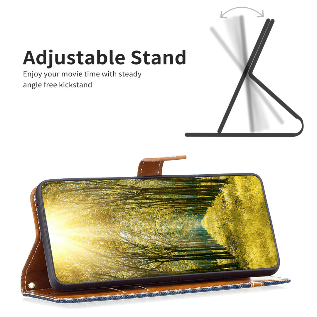 PU Leather + TPU Phone Case for iPhone 15 Pro Max Jeans Cloth Splicing Wallet Stand Anti-scratch Cover - Navy Blue