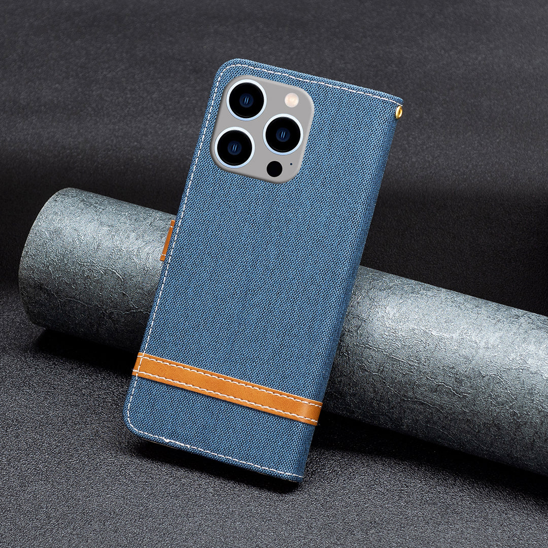 PU Leather + TPU Phone Case for iPhone 15 Pro Max Jeans Cloth Splicing Wallet Stand Anti-scratch Cover - Navy Blue