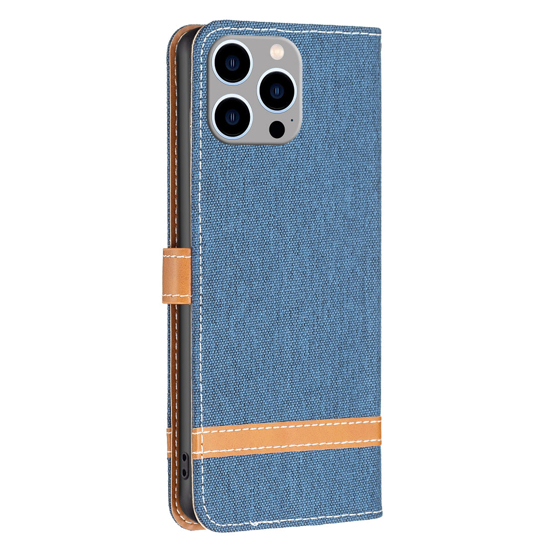 PU Leather + TPU Phone Case for iPhone 15 Pro Max Jeans Cloth Splicing Wallet Stand Anti-scratch Cover - Navy Blue