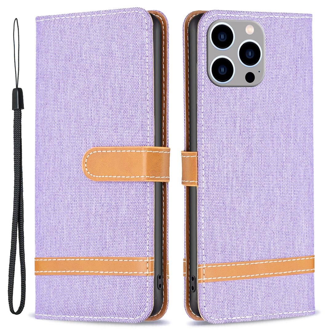 PU Leather + TPU Phone Case for iPhone 15 Pro Max Jeans Cloth Splicing Wallet Stand Anti-scratch Cover - Purple