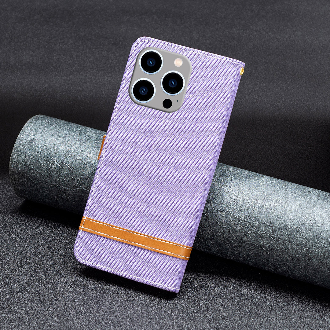 PU Leather + TPU Phone Case for iPhone 15 Pro Max Jeans Cloth Splicing Wallet Stand Anti-scratch Cover - Purple