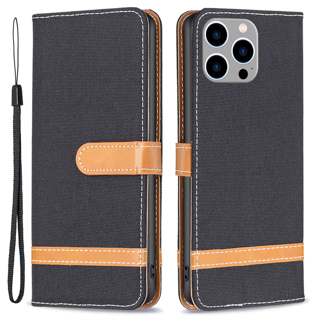 PU Leather + TPU Phone Case for iPhone 15 Pro Max Jeans Cloth Splicing Wallet Stand Anti-scratch Cover - Black