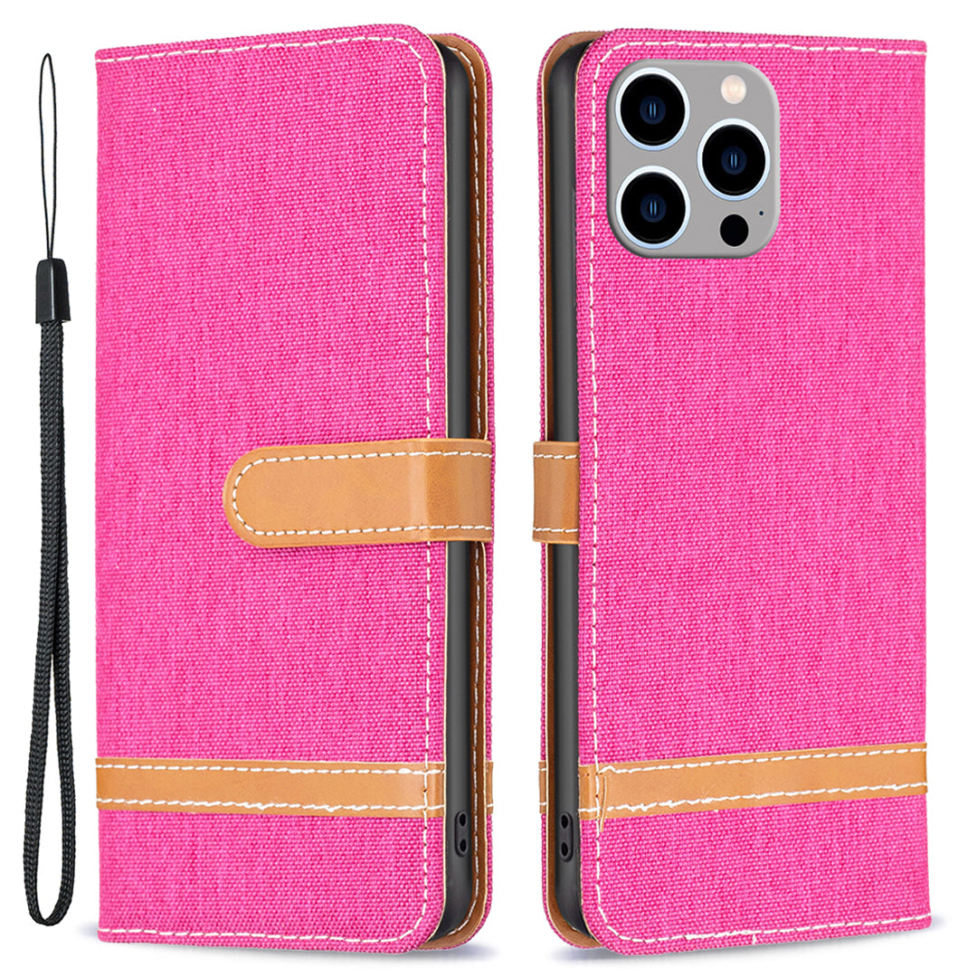 PU Leather + TPU Phone Case for iPhone 15 Pro Max Jeans Cloth Splicing Wallet Stand Anti-scratch Cover - Rose