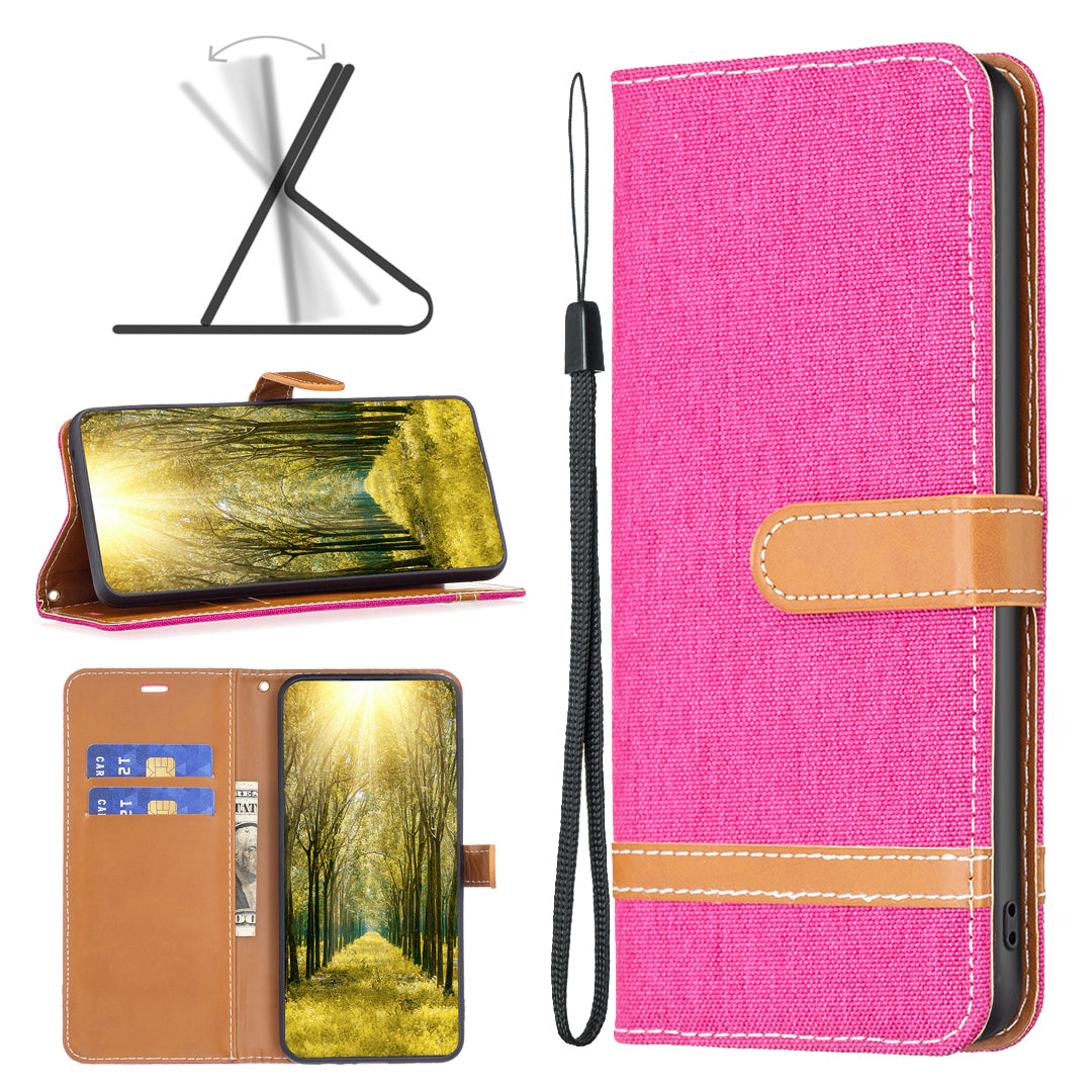 PU Leather + TPU Phone Case for iPhone 15 Pro Max Jeans Cloth Splicing Wallet Stand Anti-scratch Cover - Rose