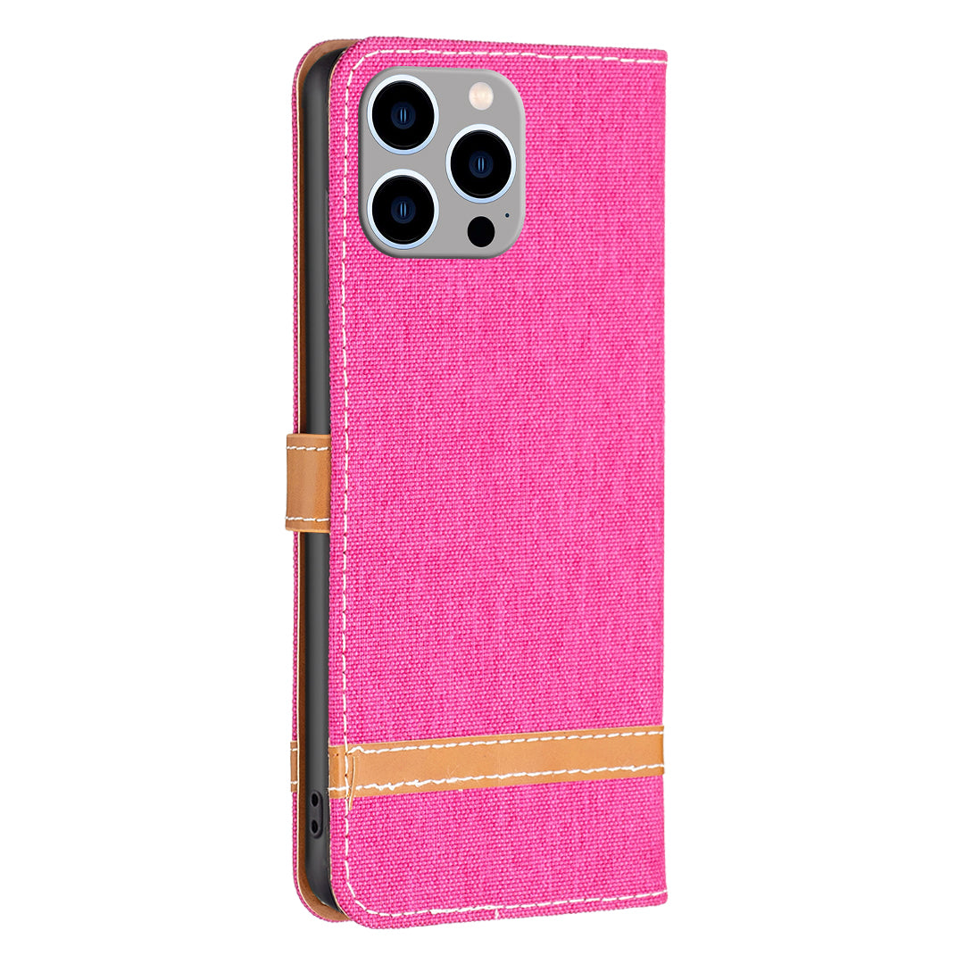 PU Leather + TPU Phone Case for iPhone 15 Pro Max Jeans Cloth Splicing Wallet Stand Anti-scratch Cover - Rose