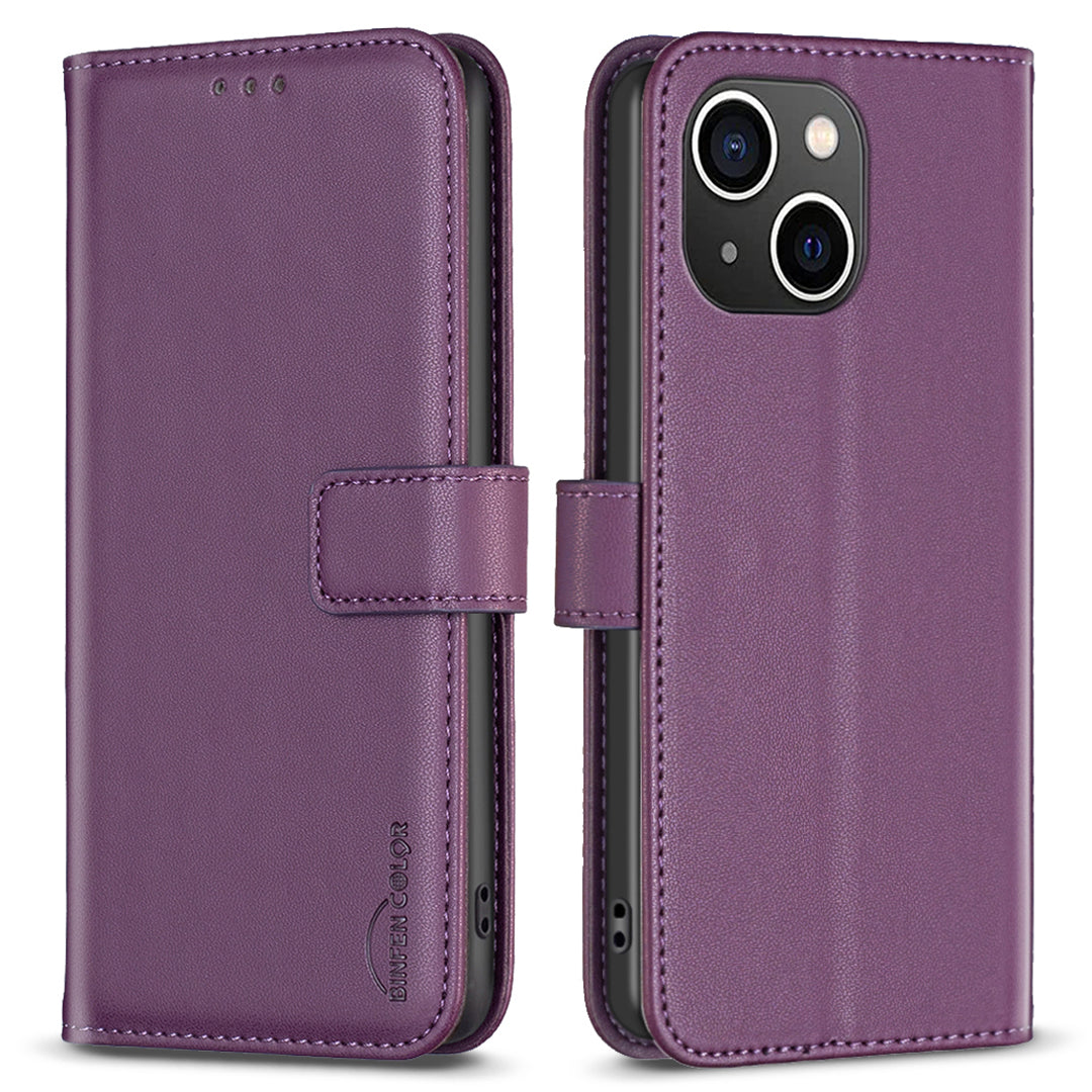 Binfen Color BF17 For iPhone 15 Plus TPU+PU Leather Phone Cover Stand Design Wallet Case - Dark Purple