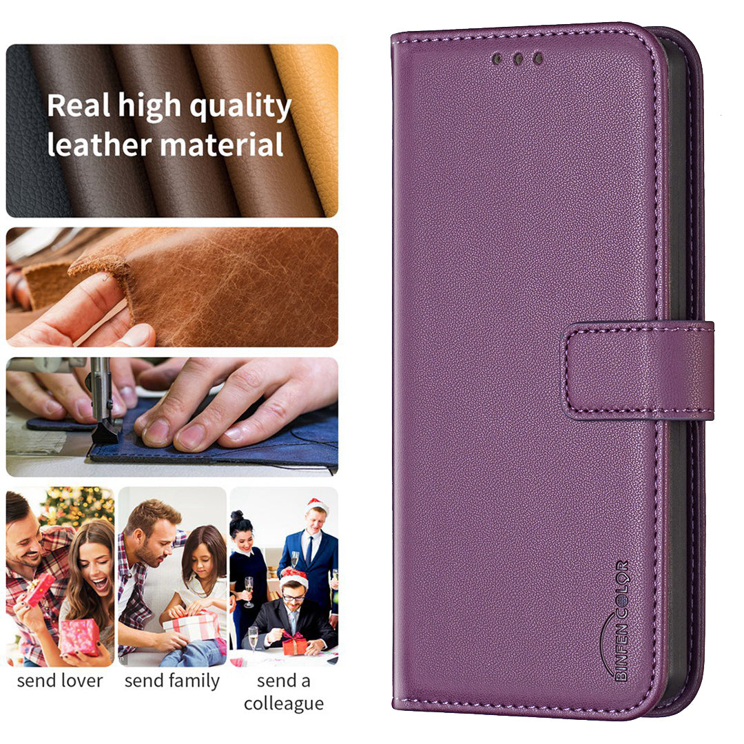 Binfen Color BF17 For iPhone 15 Plus TPU+PU Leather Phone Cover Stand Design Wallet Case - Dark Purple