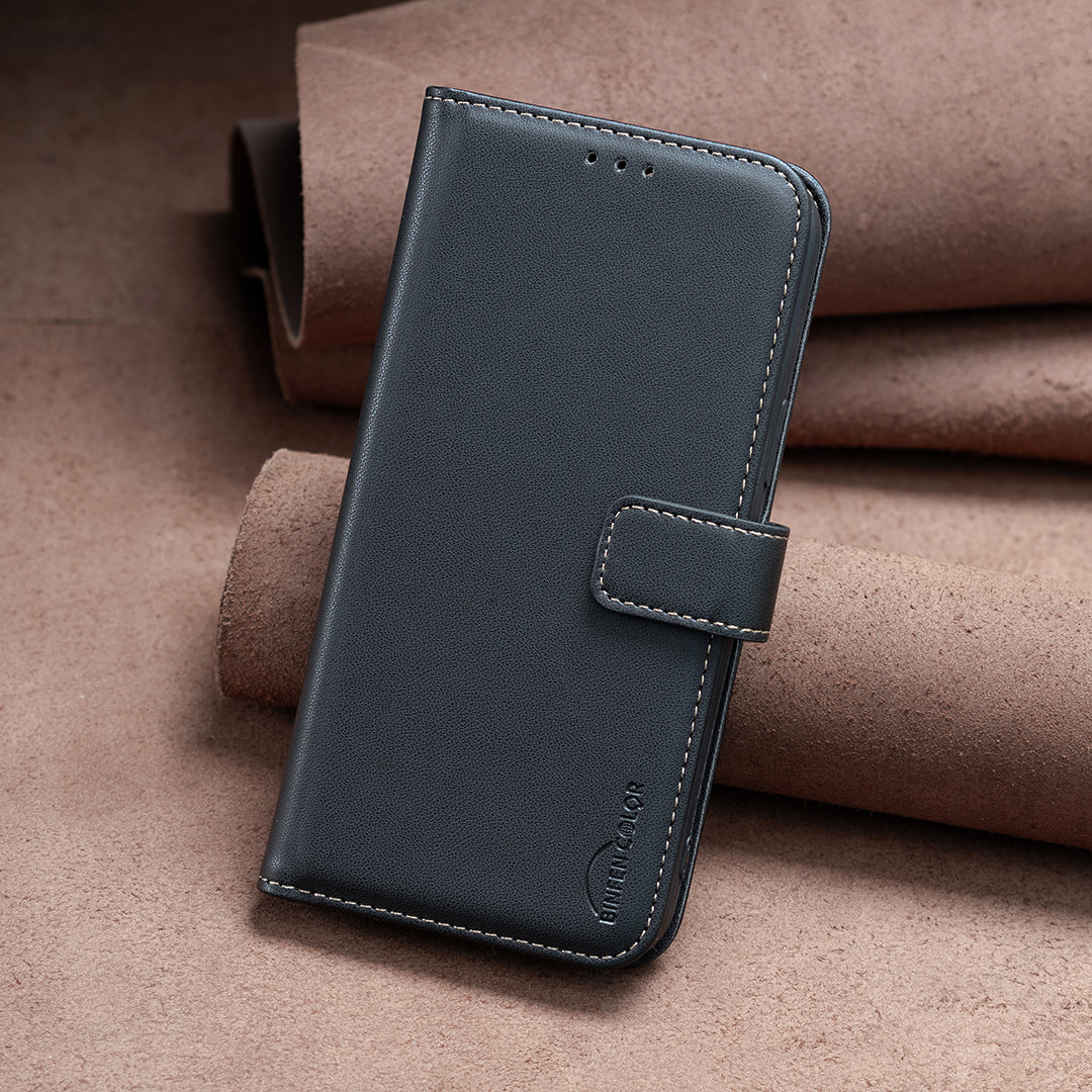 Binfen Color BF17 For iPhone 15 Plus TPU+PU Leather Phone Cover Stand Design Wallet Case - Black
