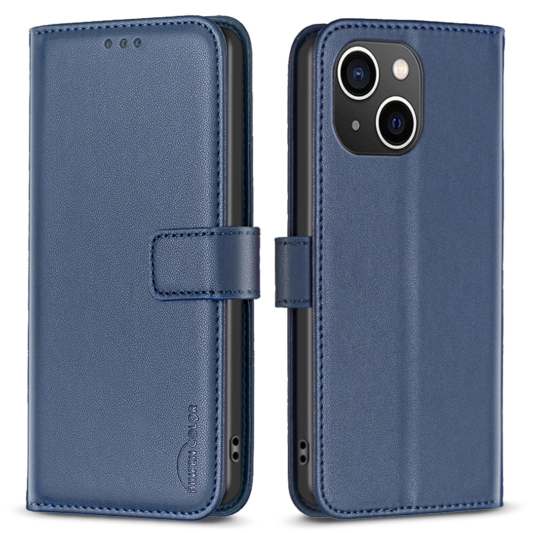 Binfen Color BF17 For iPhone 15 Plus TPU+PU Leather Phone Cover Stand Design Wallet Case - Blue