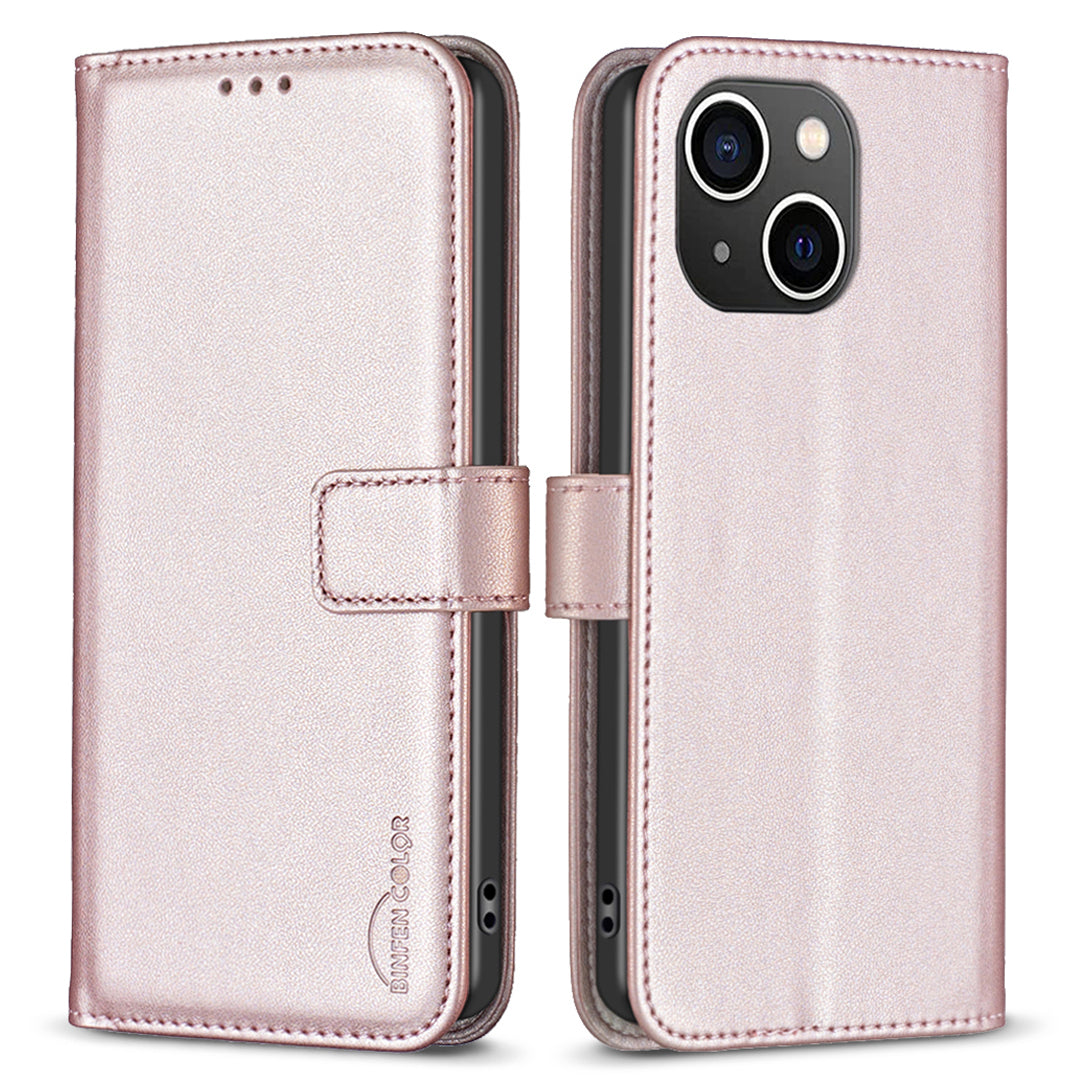 Binfen Color BF17 For iPhone 15 Plus TPU+PU Leather Phone Cover Stand Design Wallet Case - Rose Gold