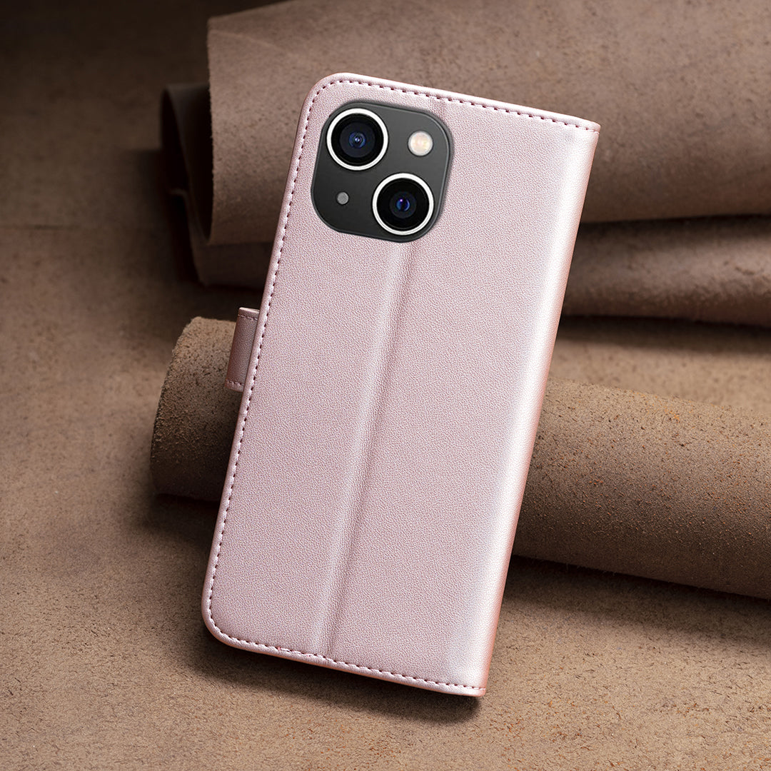 Binfen Color BF17 For iPhone 15 Plus TPU+PU Leather Phone Cover Stand Design Wallet Case - Rose Gold