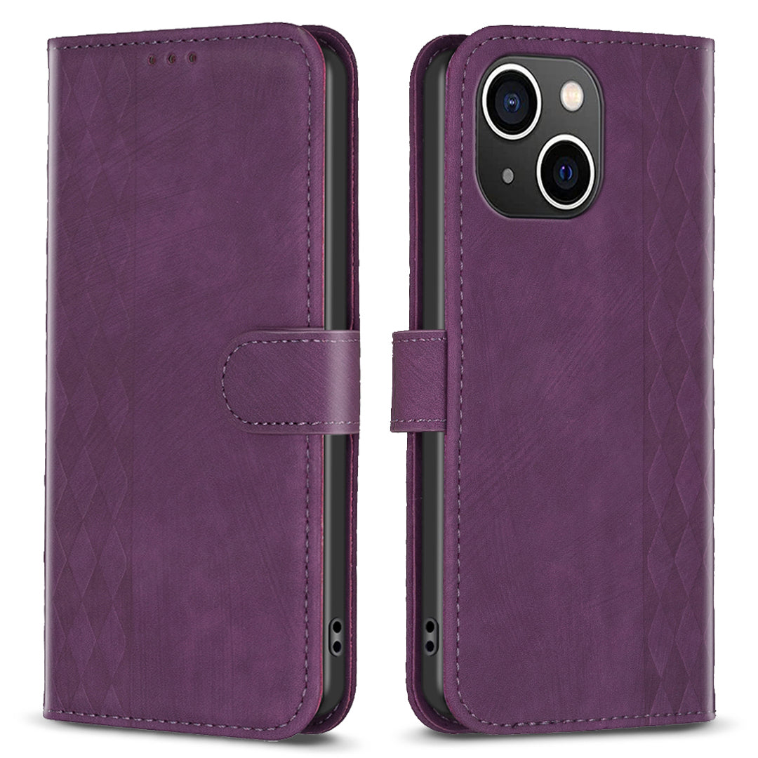 Uniqkart for iPhone 15 Plus Mobile Phone Case Stand Wallet Imprinted Rhombus PU Leather Cell Phone Cover - Purple