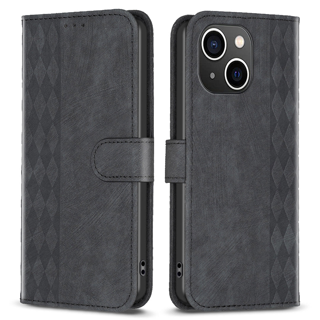 Uniqkart for iPhone 15 Plus Mobile Phone Case Stand Wallet Imprinted Rhombus PU Leather Cell Phone Cover - Black