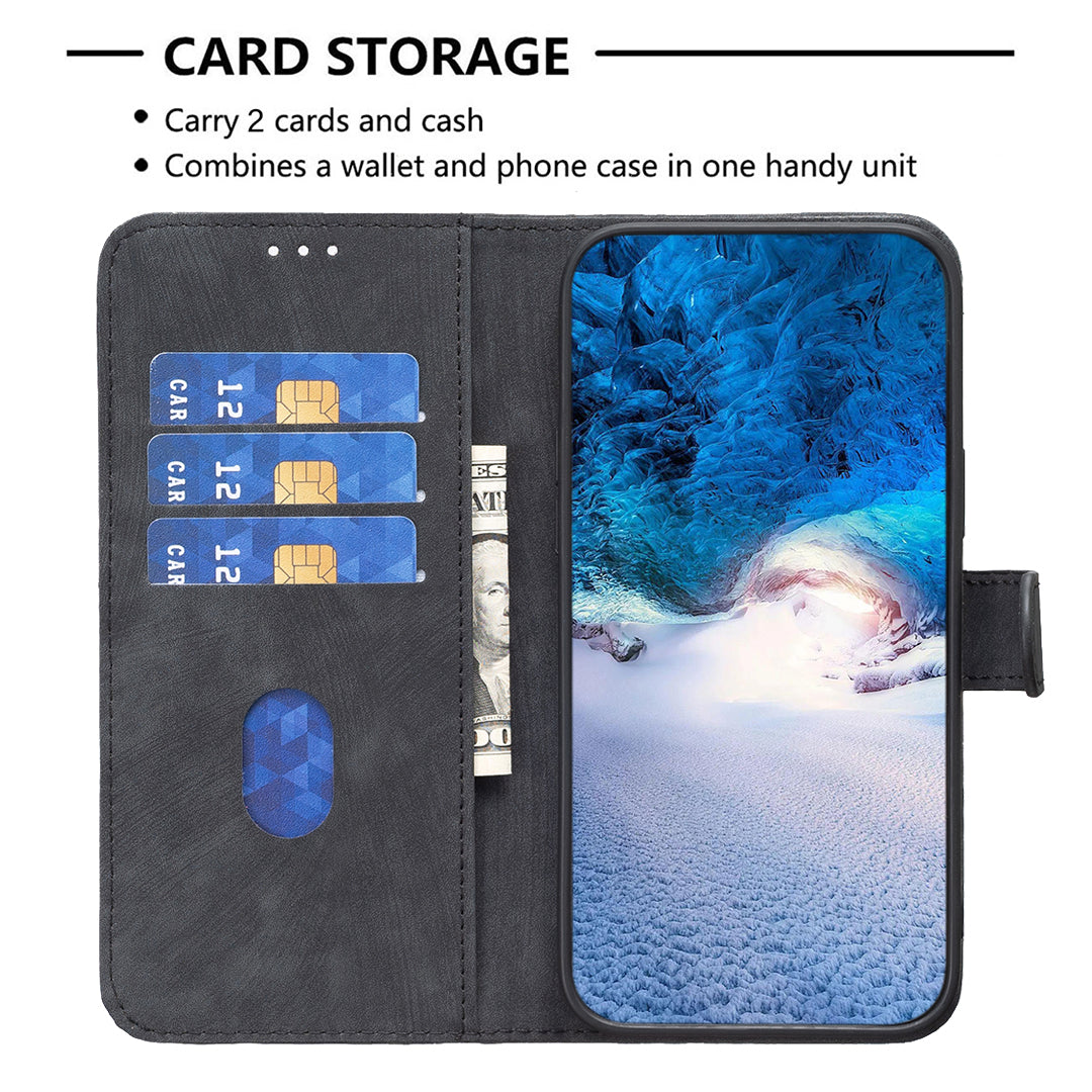 Uniqkart for iPhone 15 Plus Mobile Phone Case Stand Wallet Imprinted Rhombus PU Leather Cell Phone Cover - Black