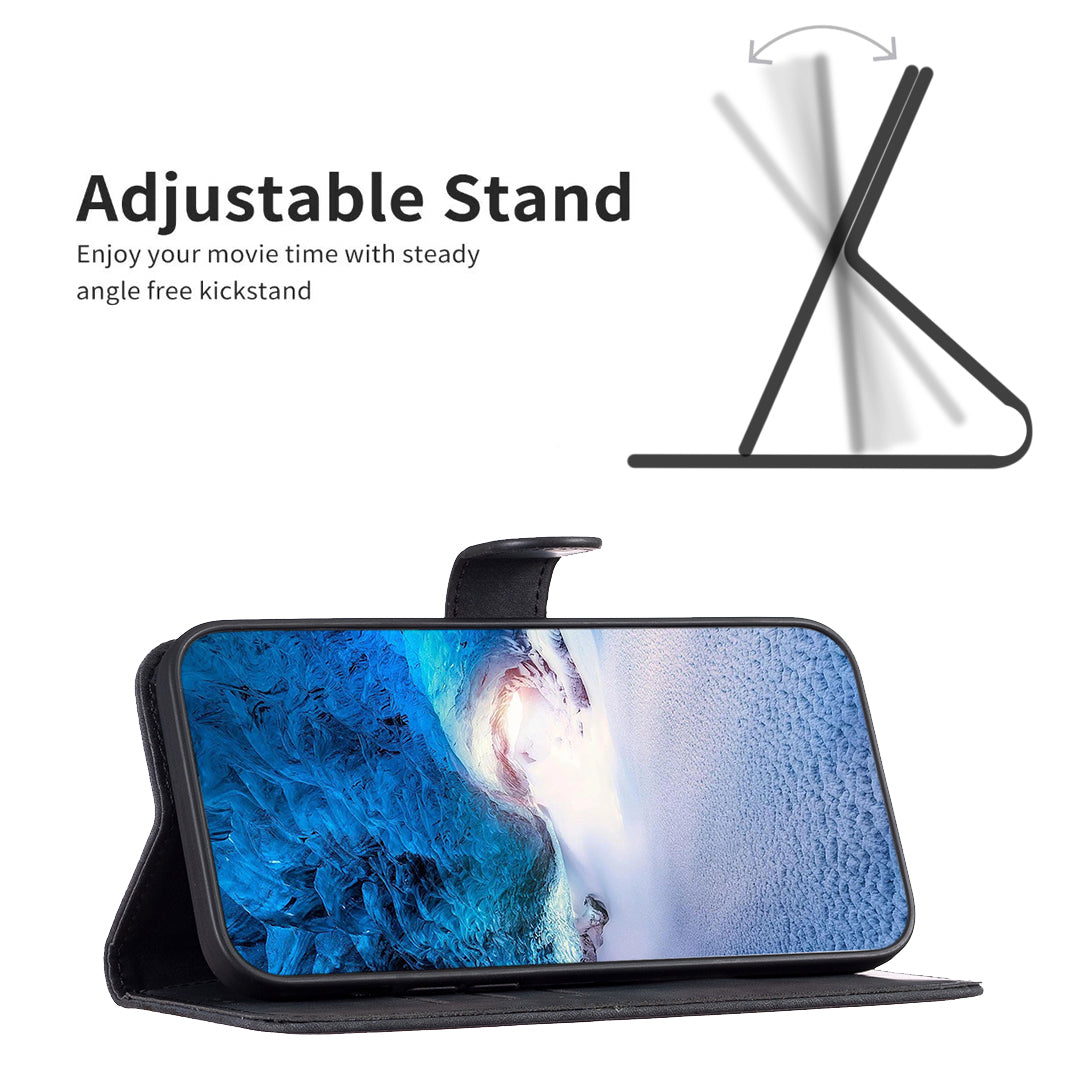 Uniqkart for iPhone 15 Plus Mobile Phone Case Stand Wallet Imprinted Rhombus PU Leather Cell Phone Cover - Black